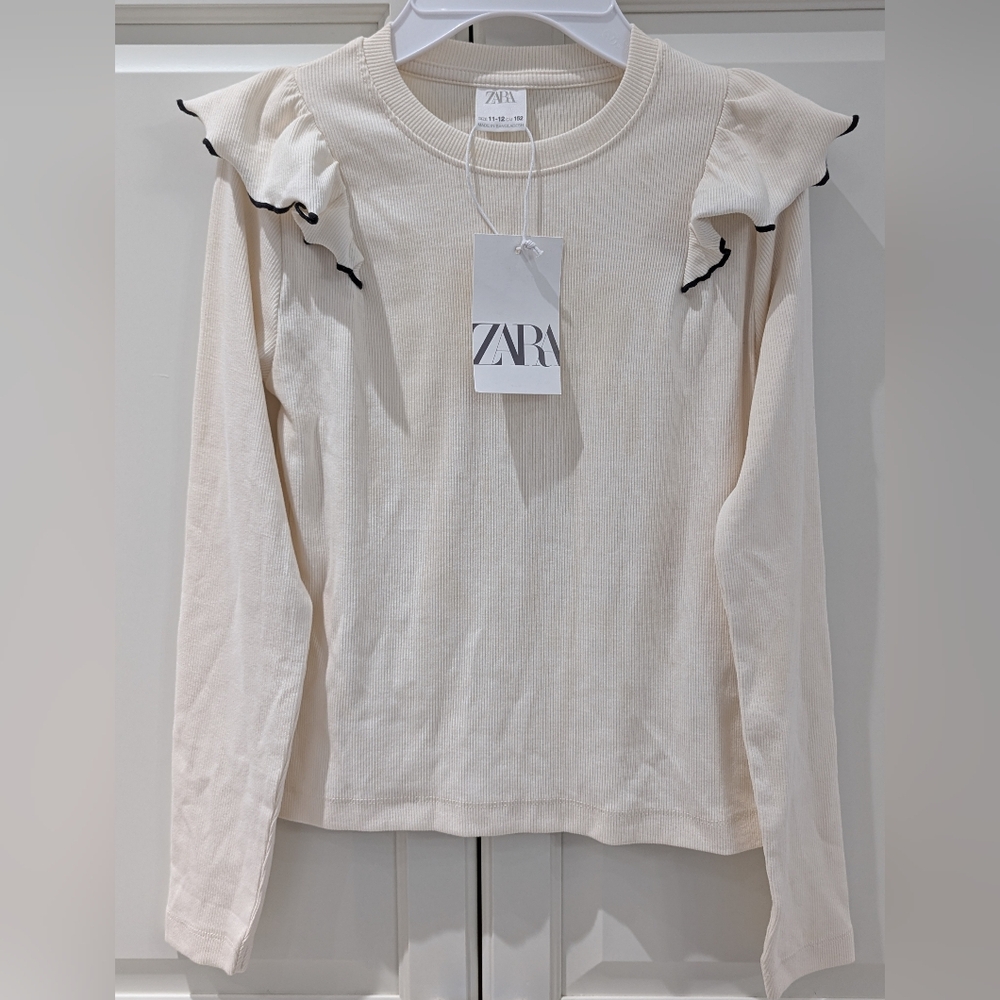 2/$40 ZARA Girls Ribbed Top 11-12 Cream Ruffle Shoulder Long Sleeve NWT